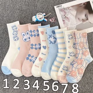 Tất vớ nữ cổ trung hoạ tiết thỏ phối màu xanh hồng