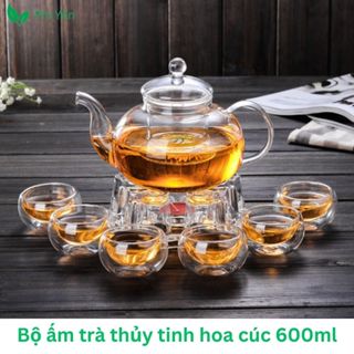  Bộ Ấm Trà Thuỷ Tinh Hoa Cúc 6 Chén Và Đế Nến 