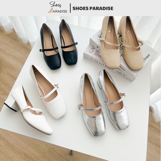 Giày cao gót nữ mũi vuông Shoes Paradise đế vuông cao 4cm maryjane lolita màu đen trắng kem size 35,36,37,38,39,40 L045