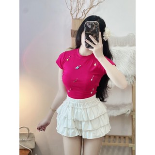 [Video] Áo thun croptop nữ tay ngắn ôm body gắn phụ kiện nhỏ xinh quá hot TU