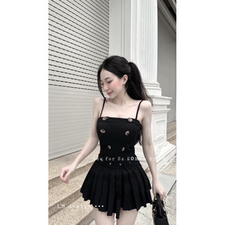 Váy Kaki Hai Dây Dập Li Kèm Đai
