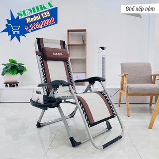 Ghế gấp xếp thư giãn SUMIKA 139, khóa kim loại, có khay đựng ly, lưới bọc nệm mát, Bảo hành 12 tháng