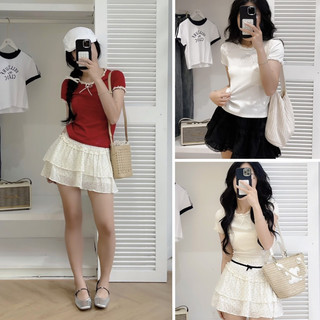  Áo cotton hình tim cổ tròn cộc tay viền ren siêu xinh Yuki Top