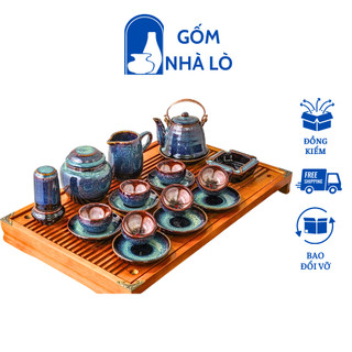 Ấm chén pha trà men hỏa biến xanh biển lòng hoa, ấm chè gốm sứ Bát Tràng, ấm tách pha trà BACLH01