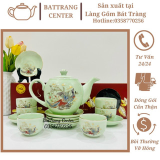 (4 MẪU)Ấm chén pha trà Bát Tràng men Xanh Ngọc vẽ Vàng:Vinh Hoa Phú Quý,Sen Ngũ Sắc