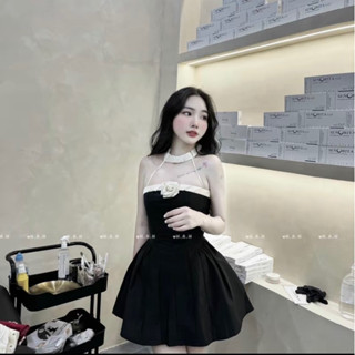 Đầm nữ thiết kế cúp ngực viền xoắn vải kaki ép mùng đính hoa dây cổ cực sang dự tiệc đi chơi ăn cưới