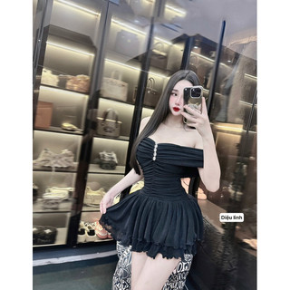 Váy trễ vai nhúng tag đá dáng xoè sẵn lót quần