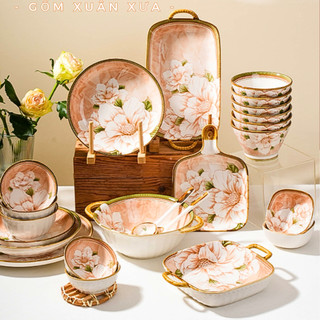 Bộ Bát Đĩa Hoa Trà Thương hiệu Gốm Xuân Xưa, bộ chén dĩa, bát ăn cơm, chén sứ, tô sứ, chén ăn cơm