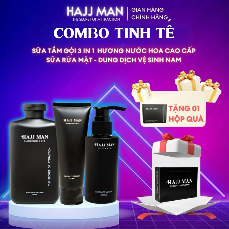 Bộ Quà tặng nam - Sữa tắm gội 3 in 1 HAJJ MAN 350ml & Sữa rửa mặt 100ml & Dung dịch vệ sinh 100ml hương nước hoa cao cấp