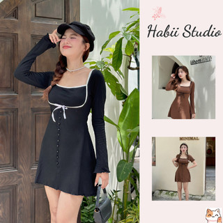 D03 Đầm thun ngắn xoè phối nơ ngực xinh xắn HABII