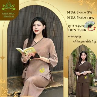 Bộ quần áo đi chùa đũi bồ đề xước thái , bộ pháp phục cổ chữ v thêu lá bồ đề vạt
