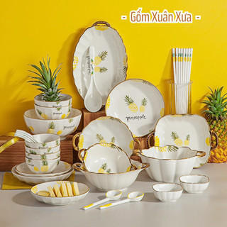 Bán lẻ Bộ Bát Đĩa Trái Dứa cao cấp Gốm Xuân Xưa, Chén ăn cơm, chén dĩa sứ, bát ăn cơm, bát đĩa sứ