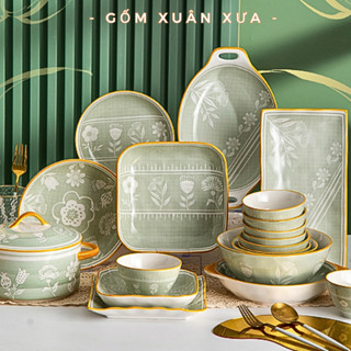  Bán lẻ Bộ bát đĩa hoa tuylip xanh Thương hiệu Gốm Xuân Xưa  đĩa sứ sứ bộ chén dĩa bát ăn cơm set bát đĩa sứ bát sứ 