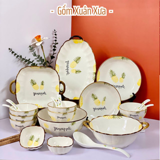 Bộ Bát Đĩa Trái Dứa cao cấp Gốm Xuân Xưa, Chén ăn cơm, đĩa sứ sứ, bộ chén dĩa, bát ăn cơm, set bát