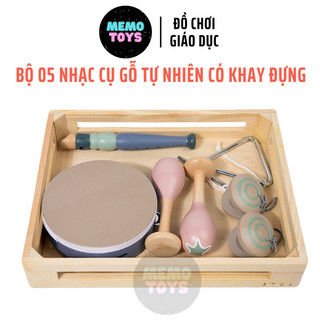  Bộ 5 nhạc cụ bằng gỗ tự nhiên cho trẻ từ sơ sinh. Đồ chơi an toàn kèm khay đựng cho bé 