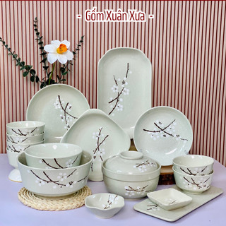 Bán lẻ Bộ Bát Đĩa Hoa Trắng Gốm Xuân Xưa, Bát ăn cơm, bát tô, chén, chén sứ, bộ chén dĩa, chén cơm