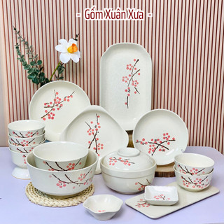 Bán lẻ bộ bát đĩa hoa đỏ gốm xuân xưa , bát, bát ăn cơm, bát tô, chén sứ, bộ chén dĩa, chén ăn cơm