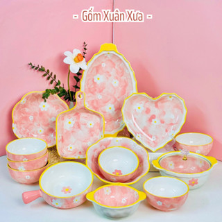 Bộ Bát Đĩa Cúc Họa Mi Hồng Mới 2024 Thương Hiệu Gốm Xuân Xưa, Bộ chén dĩa sứ, bộ bát đĩa đẹp, bát