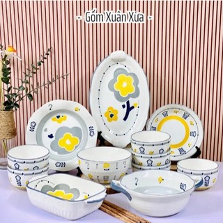 Bộ Bát đĩa Bông hoa Dễ Thương Gốm Xuân Xưa, Bát ăn cơm, bát tô gốm, chén, chén sứ, bộ chén dĩa, chén