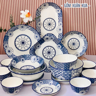 Chọn lẻ Bộ Bát Đĩa Cao Cấp Họa Tiết Cúc Lam Của Gốm Xuân Xưa, Tô sứ, bát ăn cơm, bộ chén dĩa