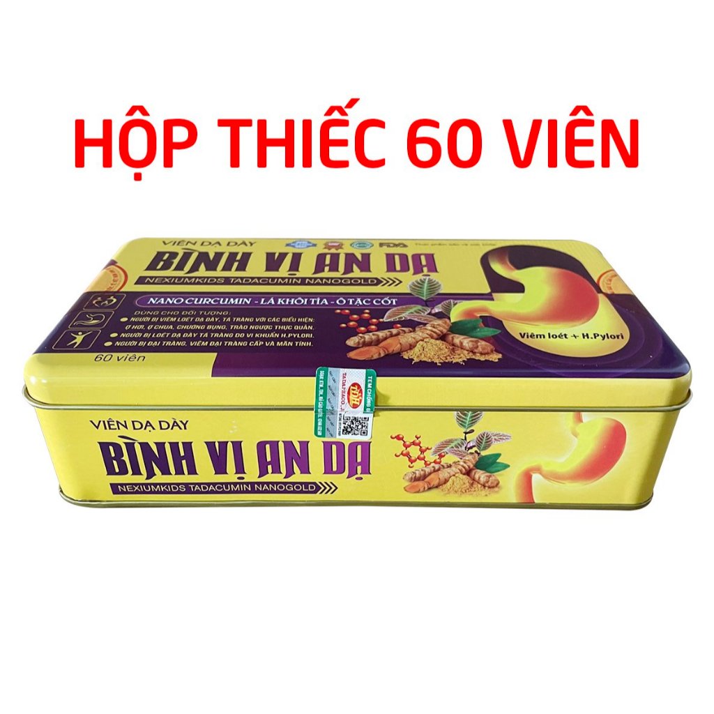 Viên dạ dày Bình Vị An Dạ (hộp thiếc) nano curcumin, lá khôi tía giảm viêm loét dạ dày - 60 viên