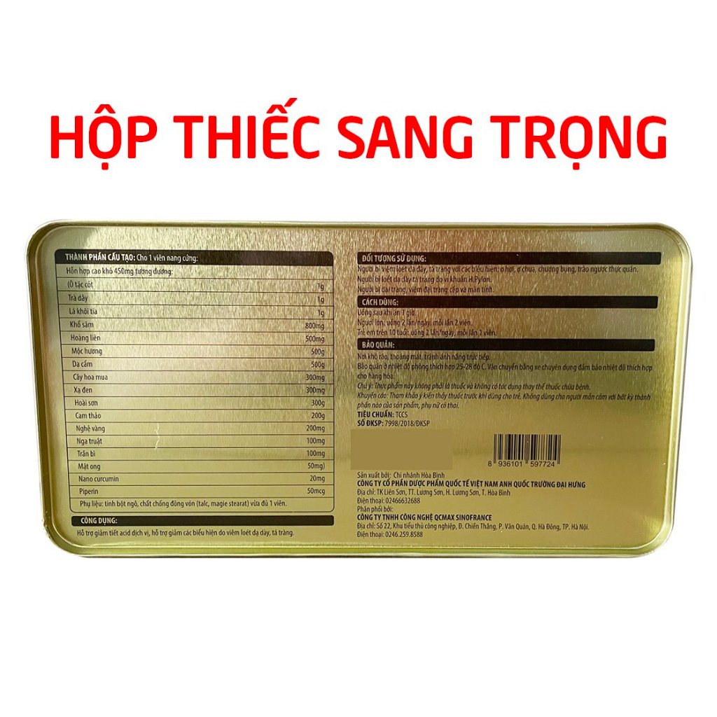 Viên dạ dày Bình Vị An Dạ (hộp thiếc) nano curcumin, lá khôi tía giảm viêm loét dạ dày - 60 viên