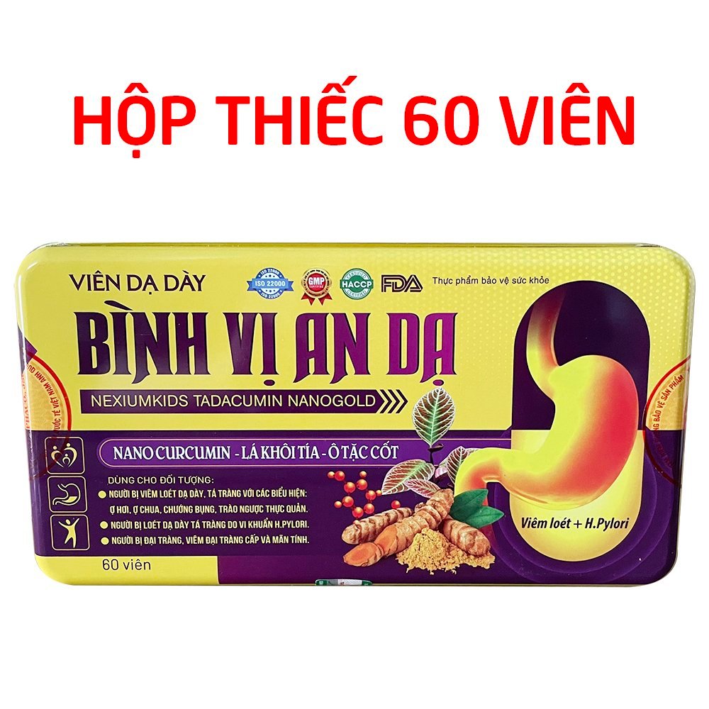 Viên dạ dày Bình Vị An Dạ (hộp thiếc) nano curcumin, lá khôi tía giảm viêm loét dạ dày - 60 viên