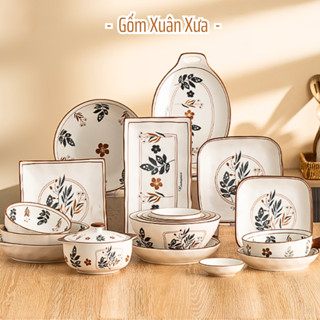  Chọn Lẻ Bộ Chén Dĩa Cao Cấp Trắng Viền Nâu phong cách Nhật Bản của Gốm Xuân Xưa tô sứ bát ăn cơm bộ chén đĩa 