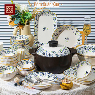 Bộ bát đĩa Cỏ ba lá thương hiệu Gốm Xuân Xưa, Chén ăn cơm, bát, tô sứ, chén dĩa sứ, chén bát hoa