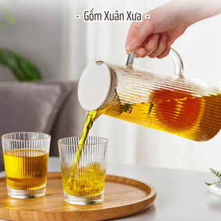 Bộ cốc bình nước thủy tinh 1500ml kèm 6 cốc, Bộ bình nước thủy tinh chịu nhiệt tốt, bình nước mùa hè Gốm Xuân Xưa