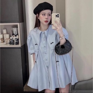  Váy Babydoll Xanh Dương Cổ Piter Đính Nơ Đen Nổi tay Bồng Đầm Nữ Thô Nến Xòe Suông Đầm Sơ Mi Form Rộng Freesize 