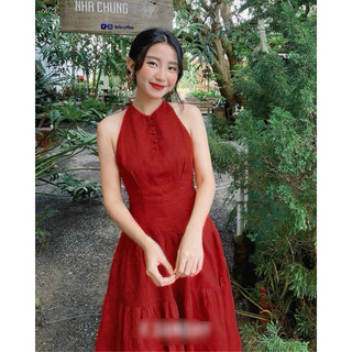 [Mya house] Đầm maxi linen cổ yếm nút bọc
