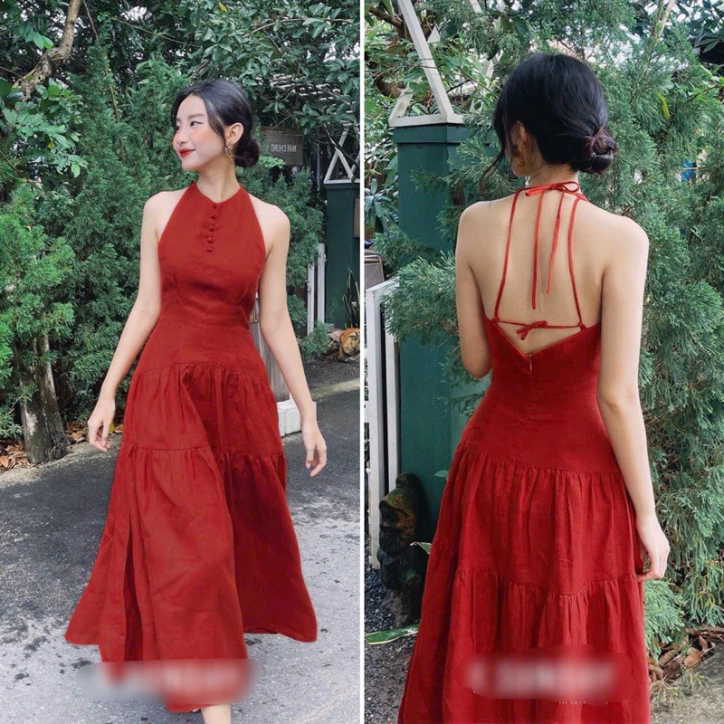 [Mya house] Đầm maxi linen cổ yếm nút bọc