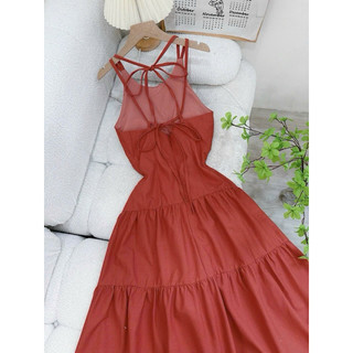 [Mya house] Đầm maxi linen cổ yếm nút bọc