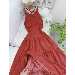 [Mya house] Đầm maxi linen cổ yếm nút bọc