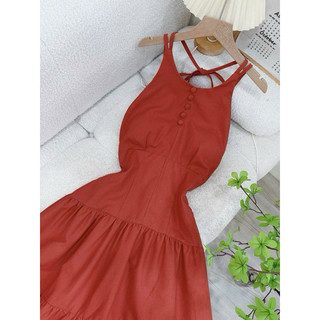[Mya house] Đầm maxi linen cổ yếm nút bọc