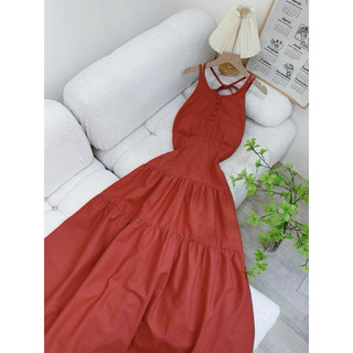 [Mya house] Đầm maxi linen cổ yếm nút bọc