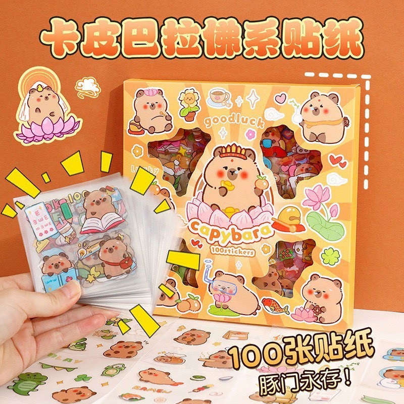 Sticker Cute, Sticker 100 Tấm, Sticker Capybara, Hình Dán Bình Nước, Sổ Tay - Mèo Béo Kids Store