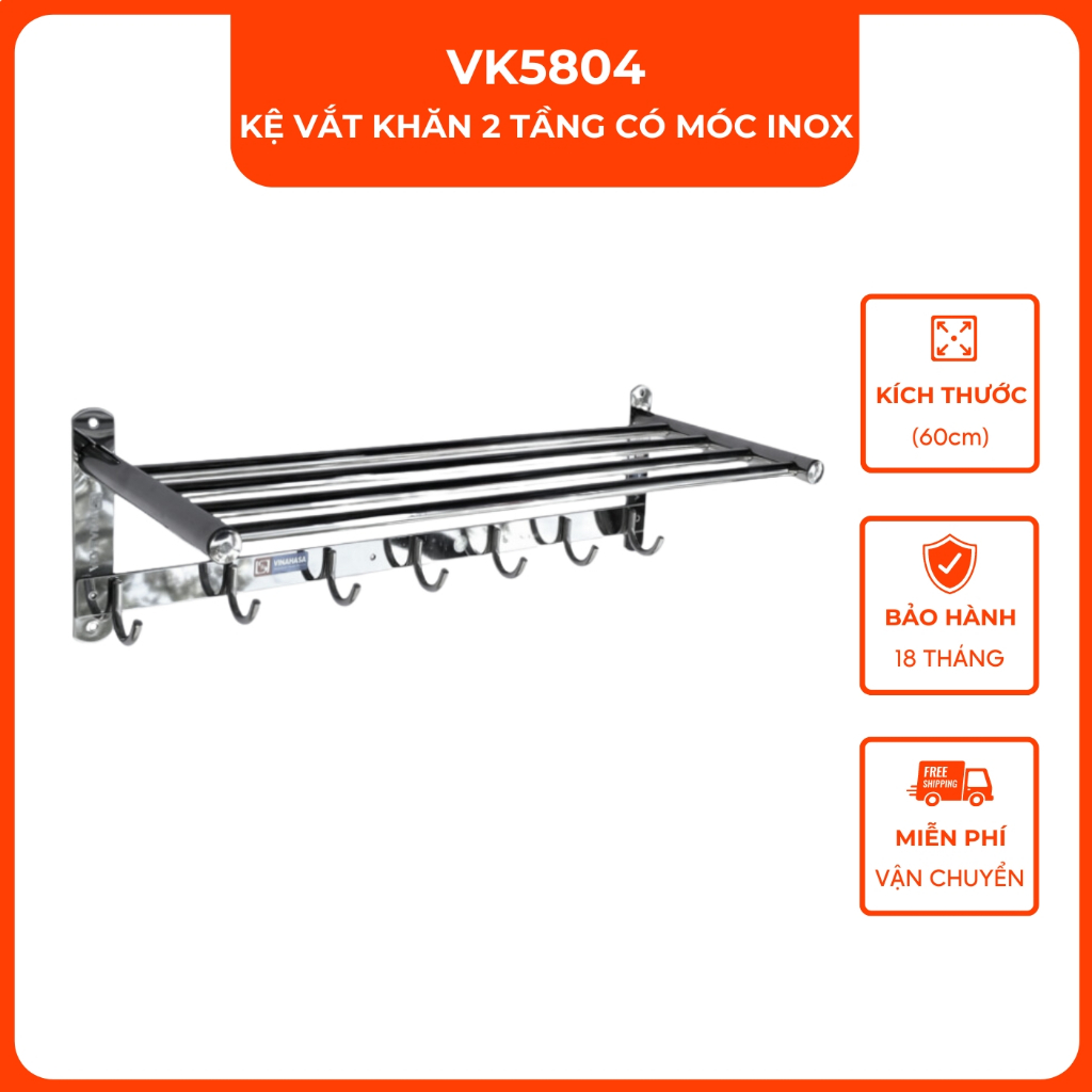 Kệ vắt khăn 2 tầng có móc inox VINA VK5804 size 60cm
