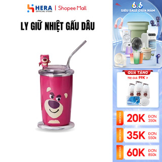 Bình Cốc Gấu Dâu Losto , Ly Giữ Nhiệt Tiện Dụng Kèm ốNg Hút Bằng Thép Không Gỉ Dung Tích 450ml