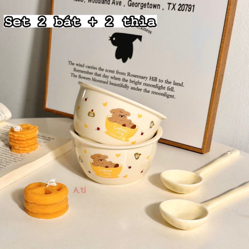 Set Bát Kèm Thìa Hình Coffe Dog (Set 2 Bát + 2 Thìa)