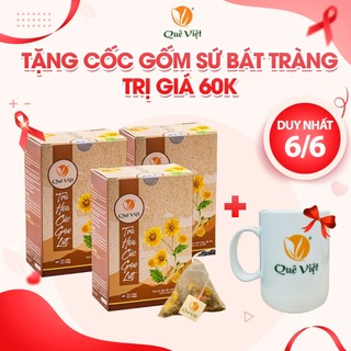 Combo 3 hộp Trà hoa cúc gạo lứt Quê Việt + tặng 1 cốc gốm sứ Bát Tràng - Hộp 600g (20 túi x 30G)