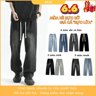 Quần jean ống rộng nam nữ cạp chun Unisex 09-quần jean ống suông cạp chun giá rẻ, quần bò cạp chun