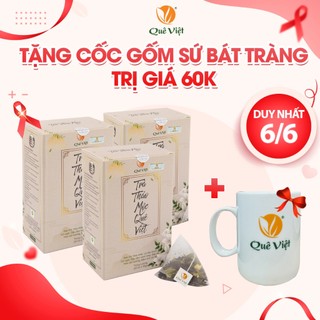 Combo 3 hộp Trà thảo mộc Quê Việt + tặng 1 cốc gốm sứ Bát Tràng - Hộp 600g (20 túi x 30g) - Mát gan thanh lọc cơ thể