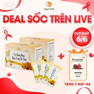 Combo 2 hộp - Trà dưỡng nhan đông trùng hạ thảo Quê Việt + tặng 2 mặt nạ Hàn Quốc (Prettyskin) ngẫu nhiên - Hộp 150g