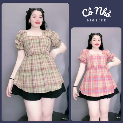 Set Đồ Nữ Bigsize Áo Babydoll Tay Phồng Kẻ Caro Và Quần Đùi Chữ A Lưng Chun Co Giãn SET67