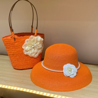 Set túi cói và mũ cói rộng vành đi biển, đi chơi - mũ cói đính hoa và ngọc thời trang sang chảnh