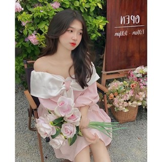 Váy babydoll trễ vai thắt nơ, váy kiểu kẻ sọc 2 lớp tay bồng bo chun tiểu thư zeeny store