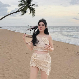 Set bikini 2 mảnh rời ren áo yếm đính hoa kèm chân váy ren dáng ngắn, set đồ đi biển set đồ bơi ren nữ KAB TỰ MAY