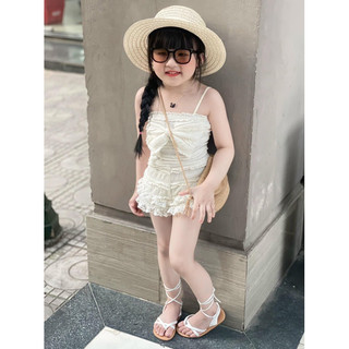 Quần áo bé gái, set bộ áo 2 dây nơ to và quần short đùi chất ren mềm mại cho bé 10-30kg